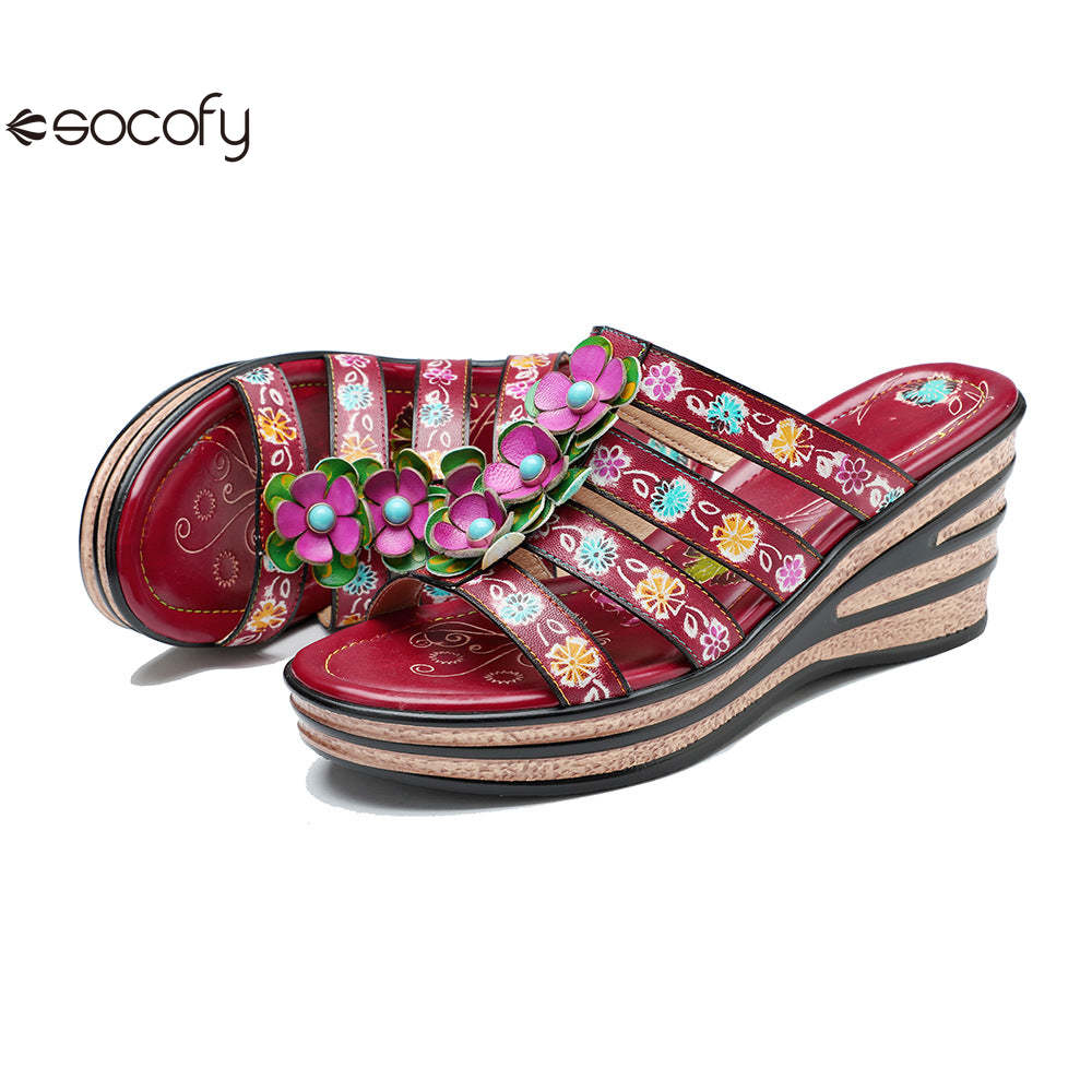 Socofy Summer Leather Vintage Flower Slope Heel Sandals Slippers