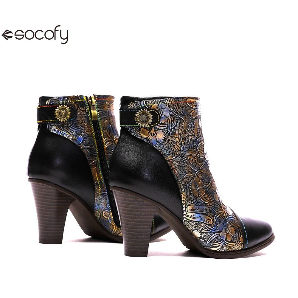 SOCOFY Genuine Leather Retro Handmade Exquisite Embossed Fashion Zip Winter Boots