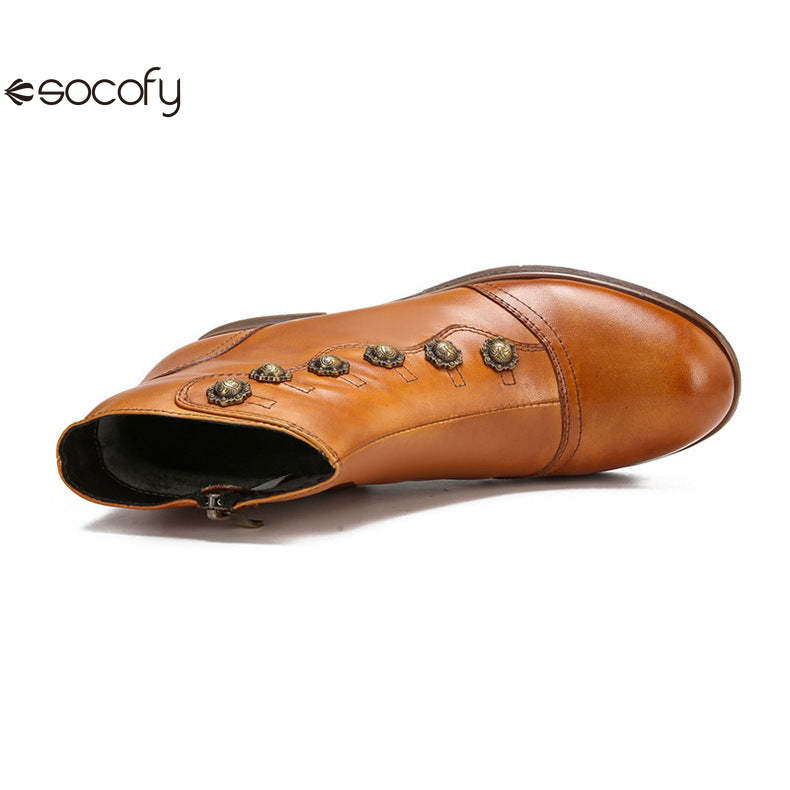 Socofy Vicconfy Women's Rivet Leather Boots Vintage Women's Shoes