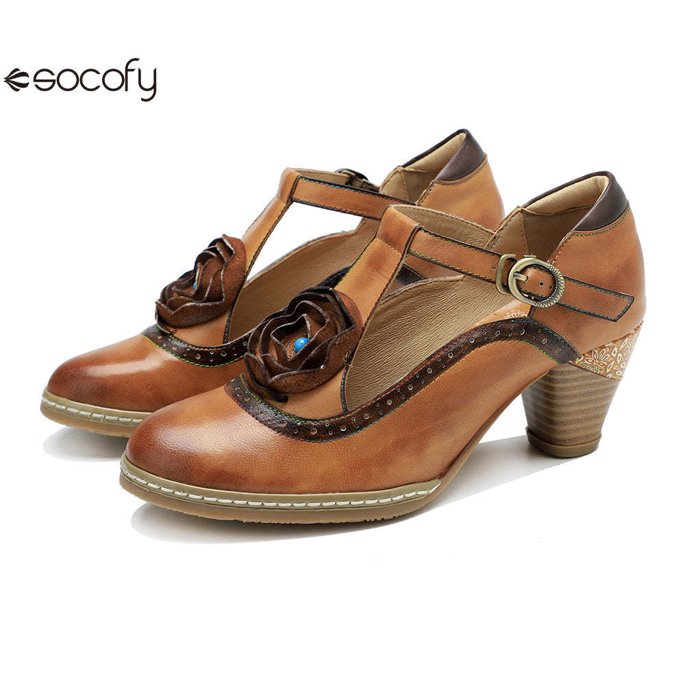 Socofy spring genuine leather retro Mary Jane high-heeled shoes