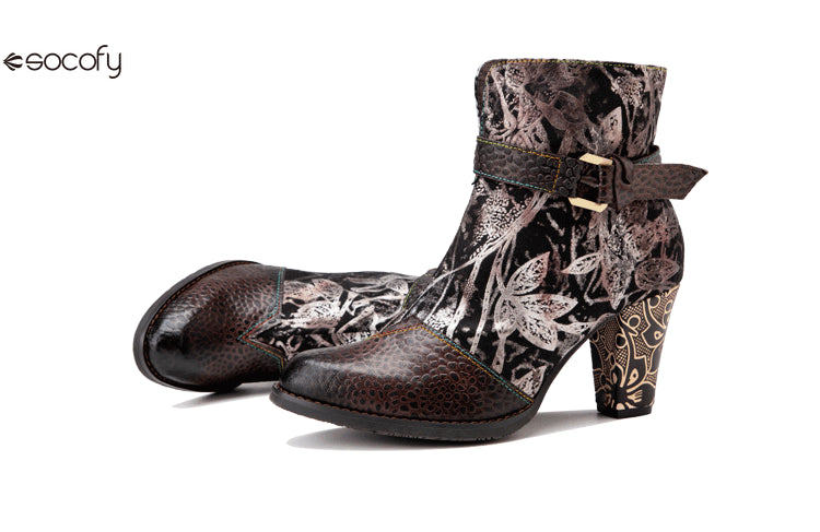 Socofy Vicconfy Genuine Leather French Vintage Print Heeled Women's Boots