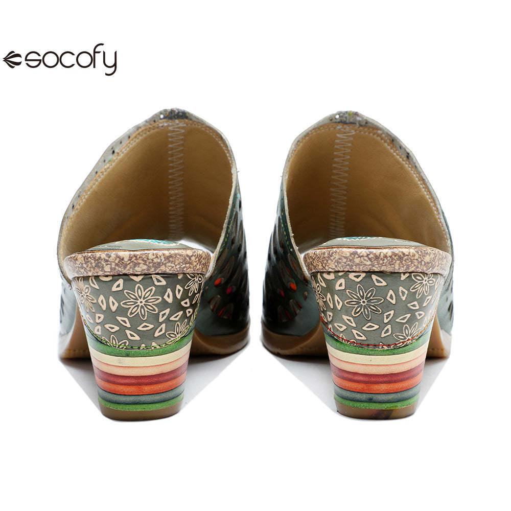 Socofy summer leather rubbed retro colourful hollow out high heel sandals