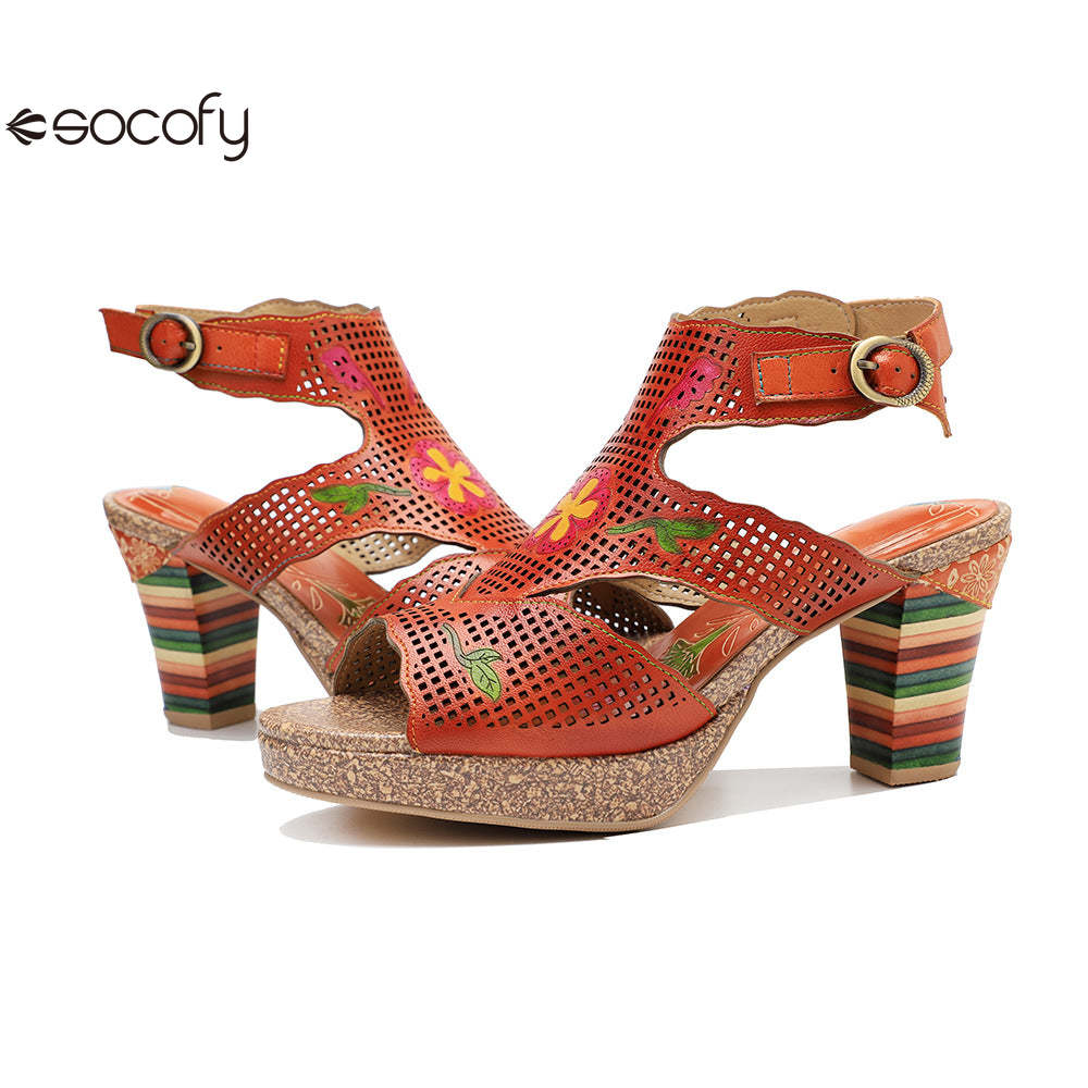 Socofy new retro genuine leather hollow color layer leather high heel sandals