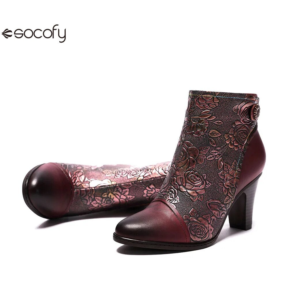 SOCOFY Genuine Leather Retro Handmade Exquisite Embossed Fashion Zip Winter Boots