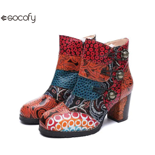 Socofy Genuine Leather Women Shoes Zip Round Toe Sewing High Heel Ankle Boots 800