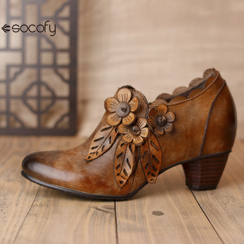 Socofy Genuine Leather Handmade Vintage Fashion Side Zipper High Heels Women's Shoes