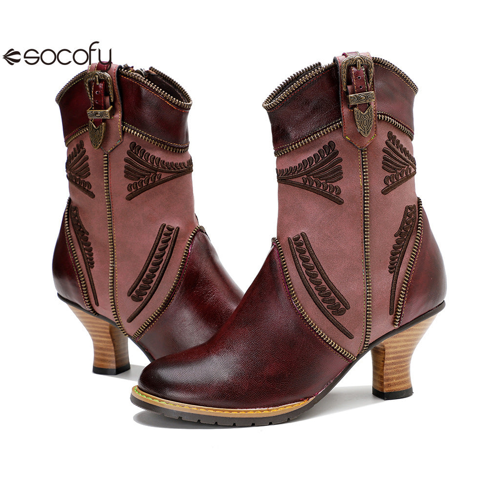 Socofy Vicconfy Leather Electric Embroidered Zipper Ankle Boots