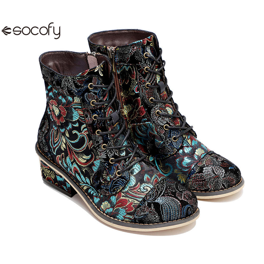 Socofy Vicconfy Vintage Printed Embroidered Casual Women's Boots