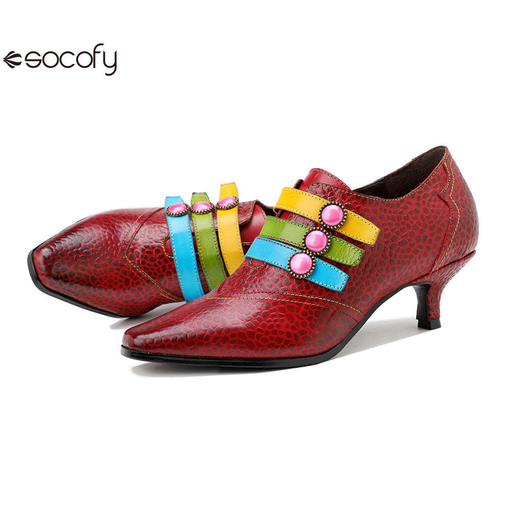 Socofy Red Leather Vintage Buckle High Heels Women's Shoes