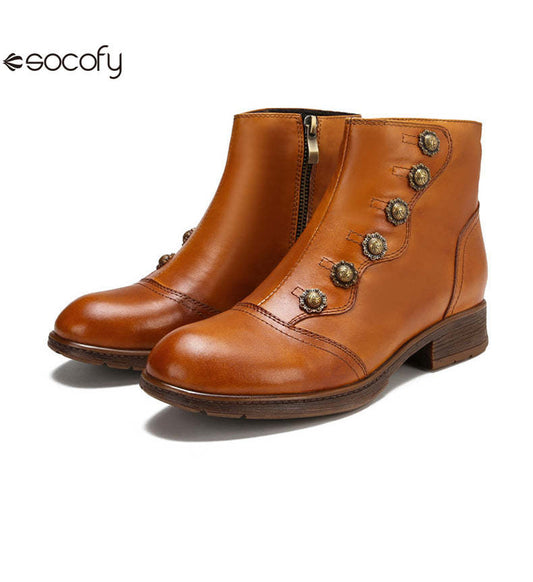 Socofy Vicconfy Women's Rivet Leather Boots Vintage Women's Shoes 790