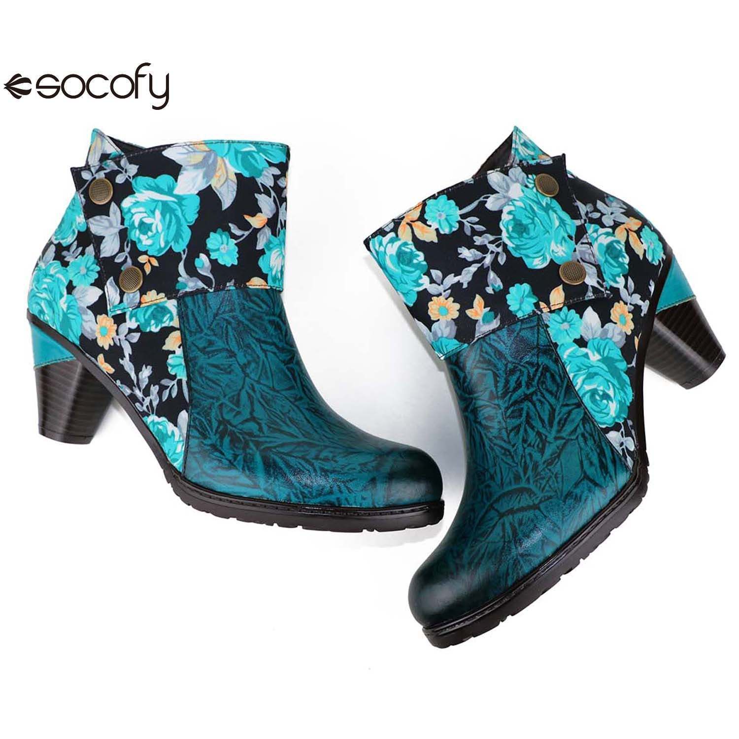 Socofy Autumn ethnic style cowhide thickened mid-calf round toe fashion boots for women