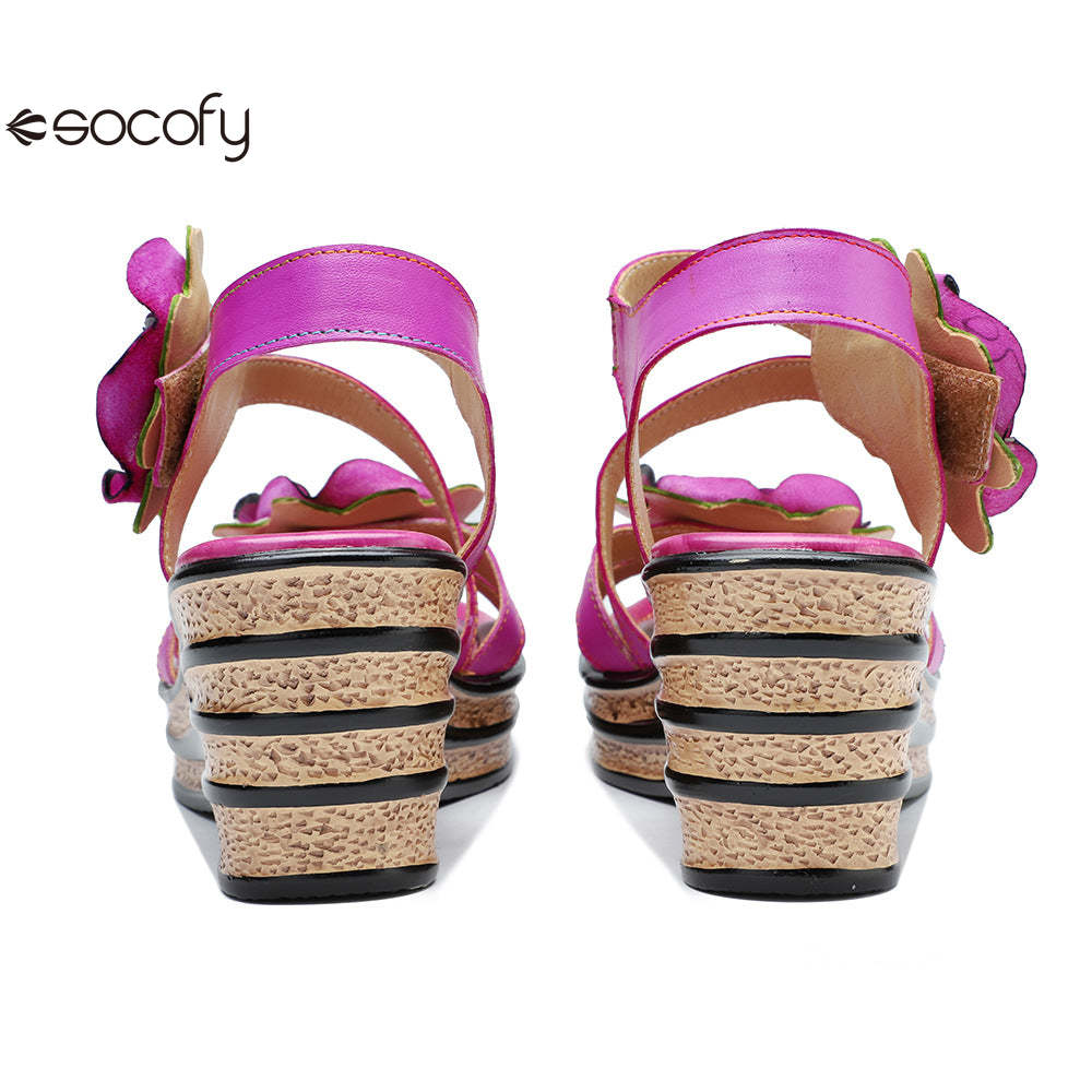 Socofy summer leather three-dimensional flowers comfortable sloping sandals