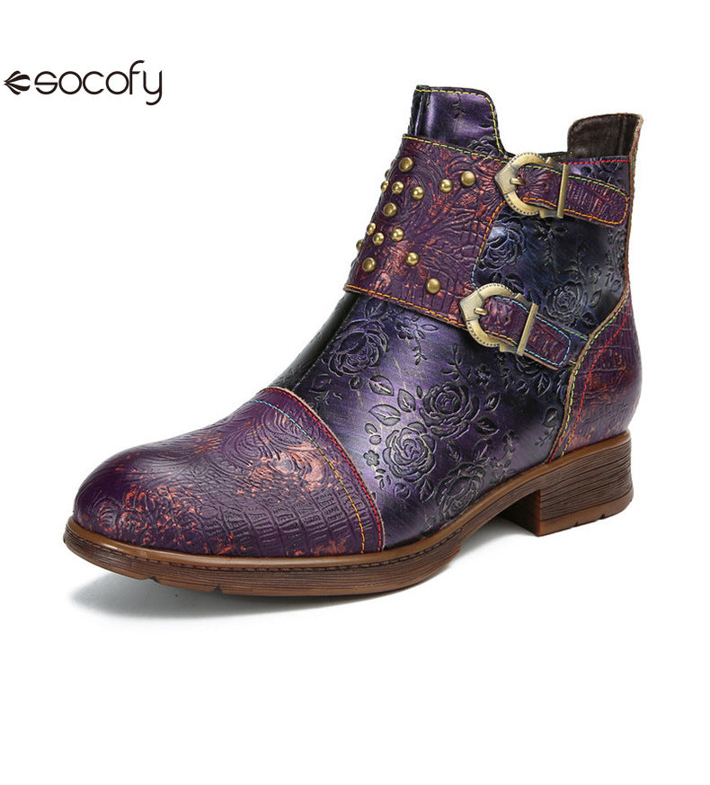 Socofy Vicconfy Genuine Leather Ethnic Vintage Rivet Belt Buckle Boots