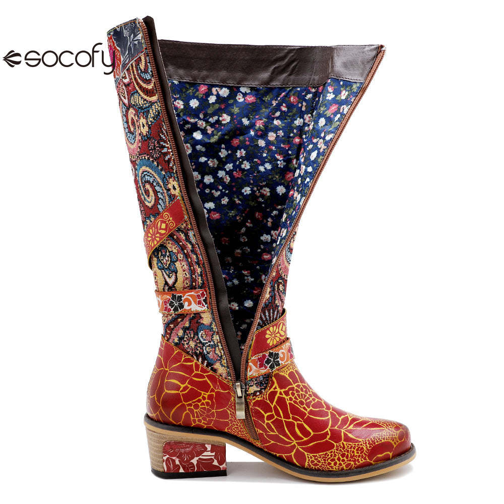 Socofy Leather Vintage Print Chunky Heel Knee Women's Boots