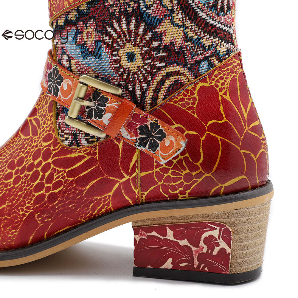 Socofy Leather Vintage Print Chunky Heel Knee Women's Boots