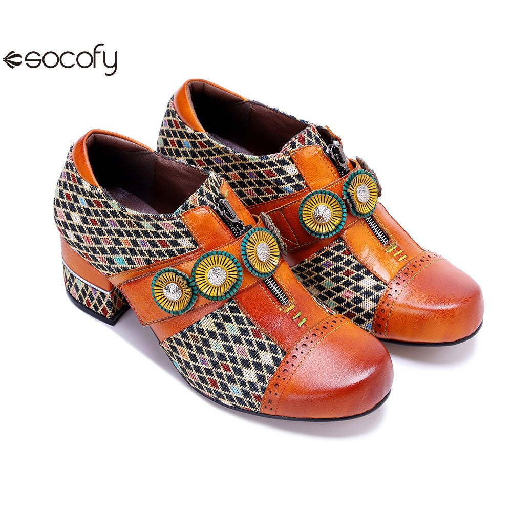 Socofy Genuine leather vintage plaid three-dimensional flowers pumps