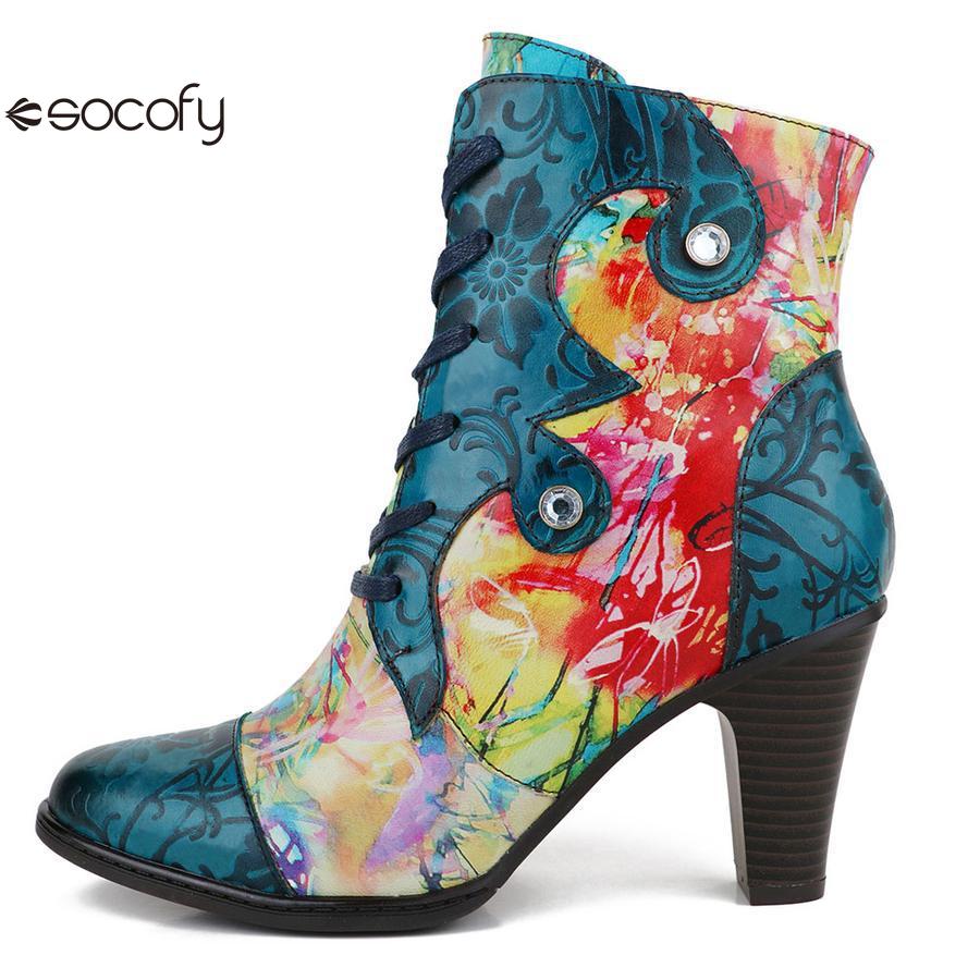 Socofy Vincconfy cowhide low-top thick-soled round-toe viscose women's boots