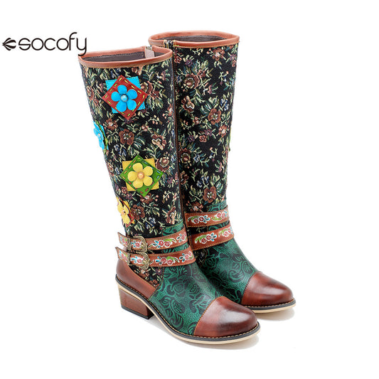 Socofy Vicconfy Handmade Color Rubbed Cubic Floral Belt Buckle Comfort Chunky Heel High Boots 1000