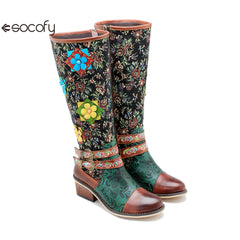 Socofy Vicconfy Handmade Color Rubbed Cubic Floral Belt Buckle Comfort Chunky Heel High Boots