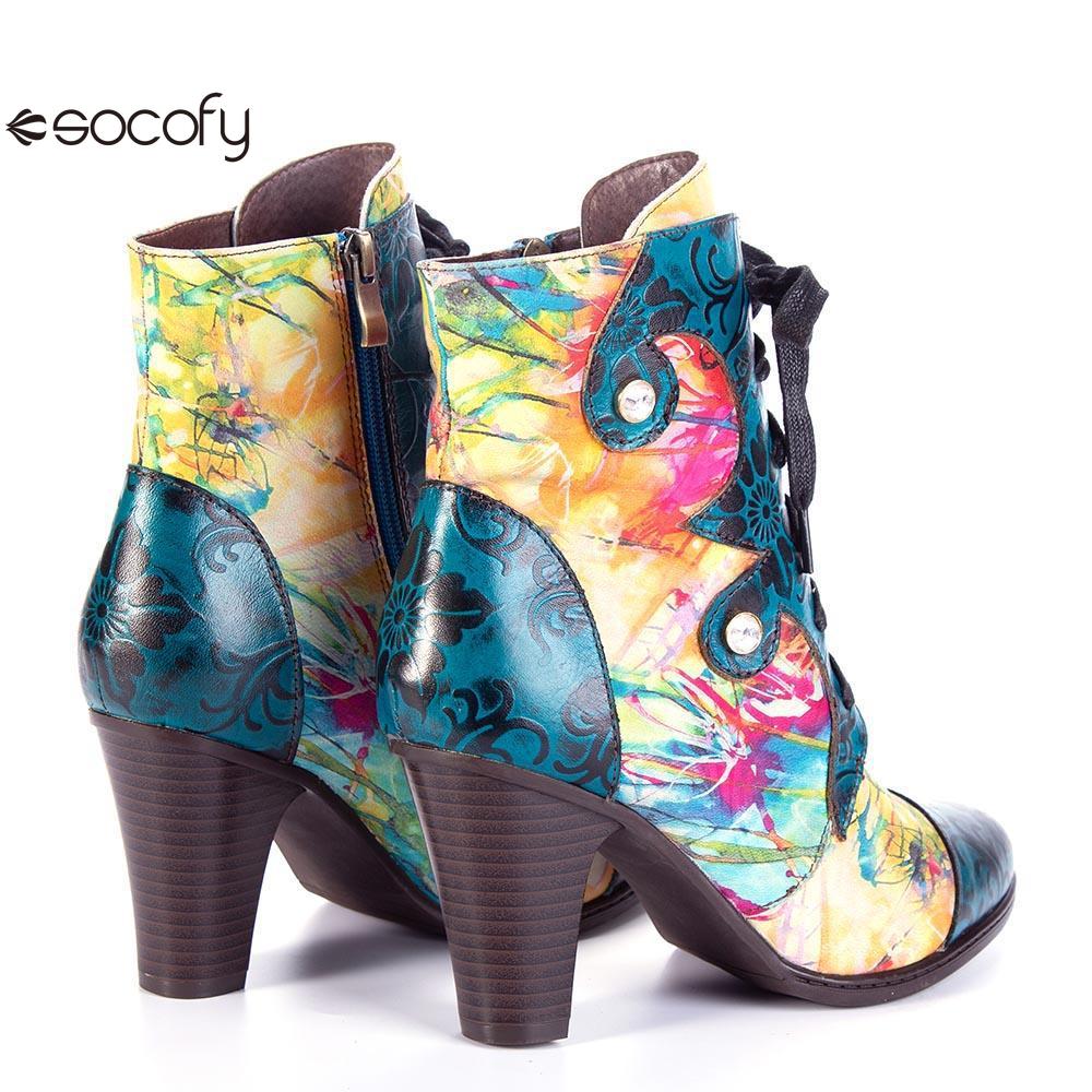 Socofy Vincconfy cowhide low-top thick-soled round-toe viscose women's boots