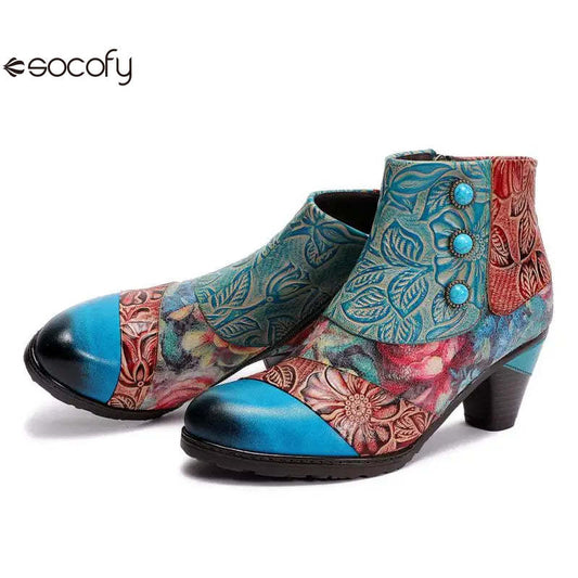 Socofy Women boots Leather Vintage Bohemian Female Retro Printed Buckle Soft Zipper Ankle Boots 800