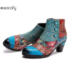 Socofy Women boots Leather Vintage Bohemian Female Retro Printed Buckle Soft Zipper Ankle Boots