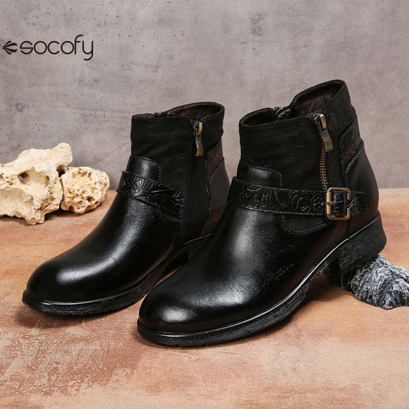 Socofy Vicconfy Women's Round Toe Cowhide Ethnic Leather Boots Fashion Boots