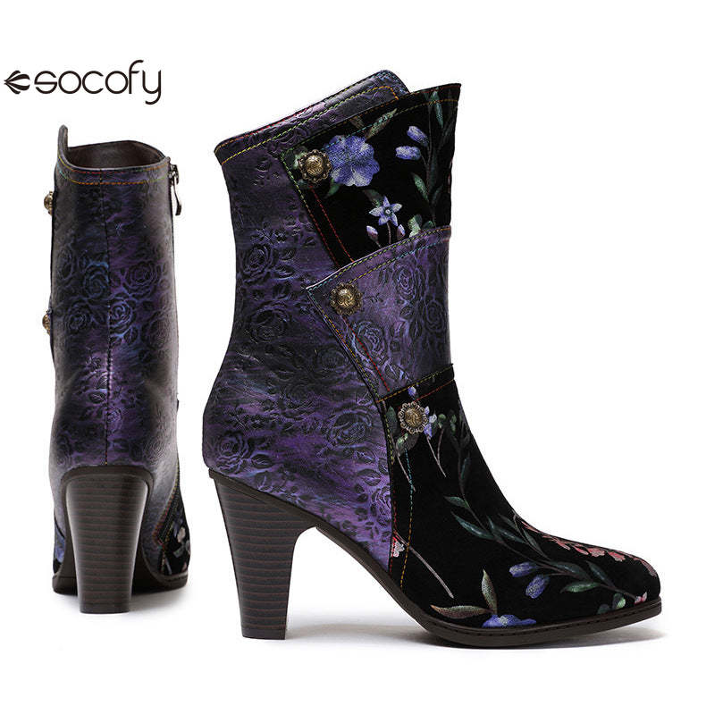 Socofy Vicconfy Court Leather Vintage Handmade High Heel Women's Boots