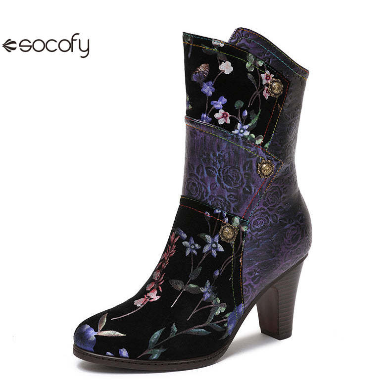 Socofy Vicconfy Court Leather Vintage Handmade High Heel Women's Boots