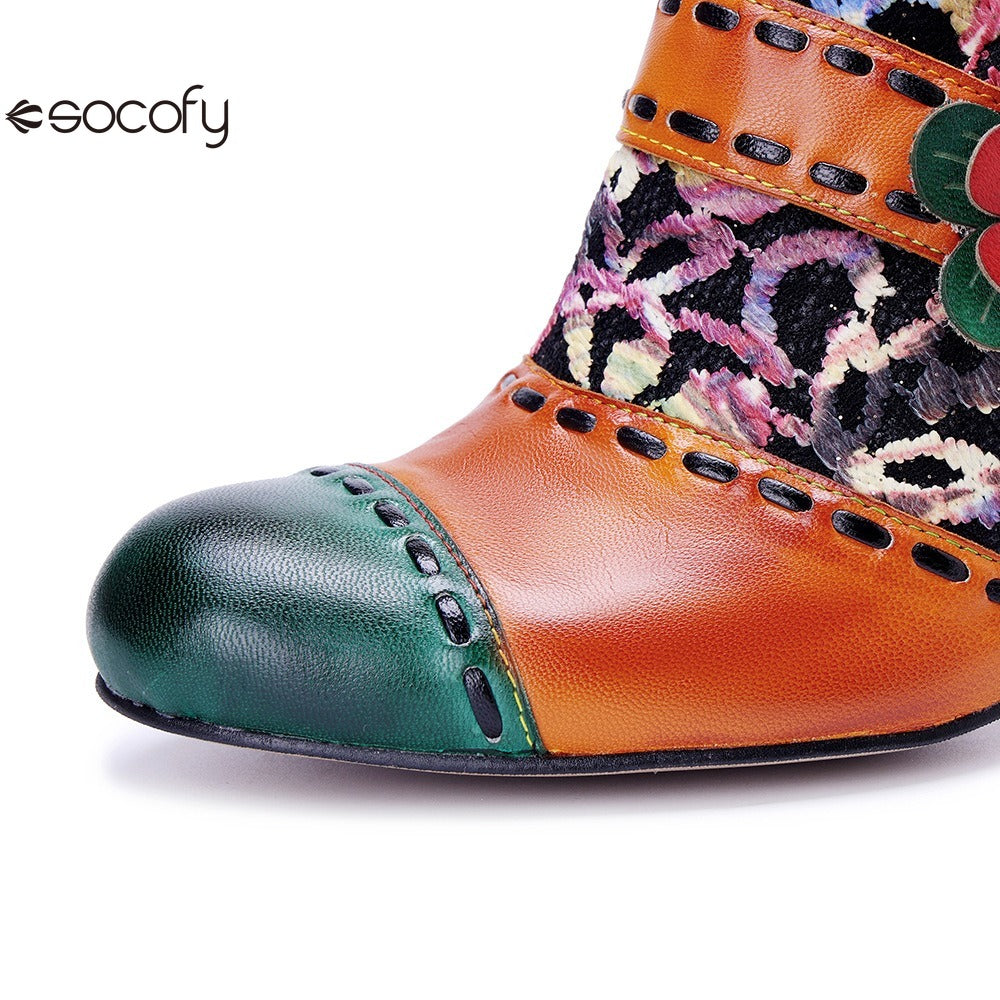 Socofy Genuine Leather Vintage Floral Chunky Heeled Women Pumps