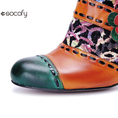 Socofy Genuine Leather Vintage Floral Chunky Heeled Women Pumps