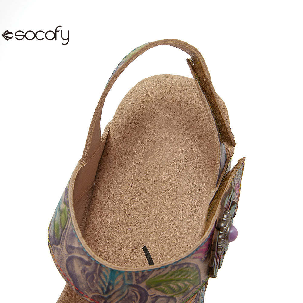 Socofy Bohemian retro first-layer cowhide flower-embellished women's sandals