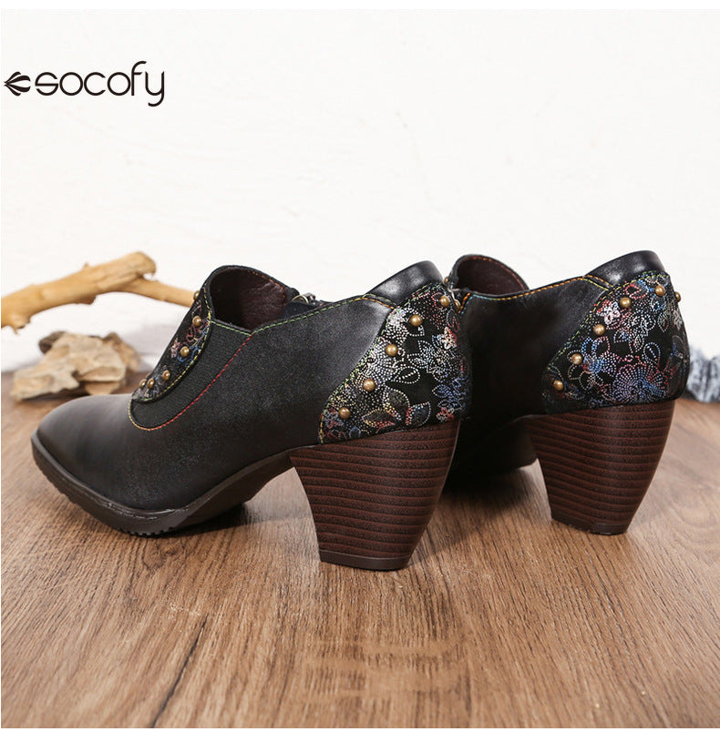 Socofy Vicconfy Round Toe Leather Fashion Side Zipper Heels Single Shoes Women's Shoes