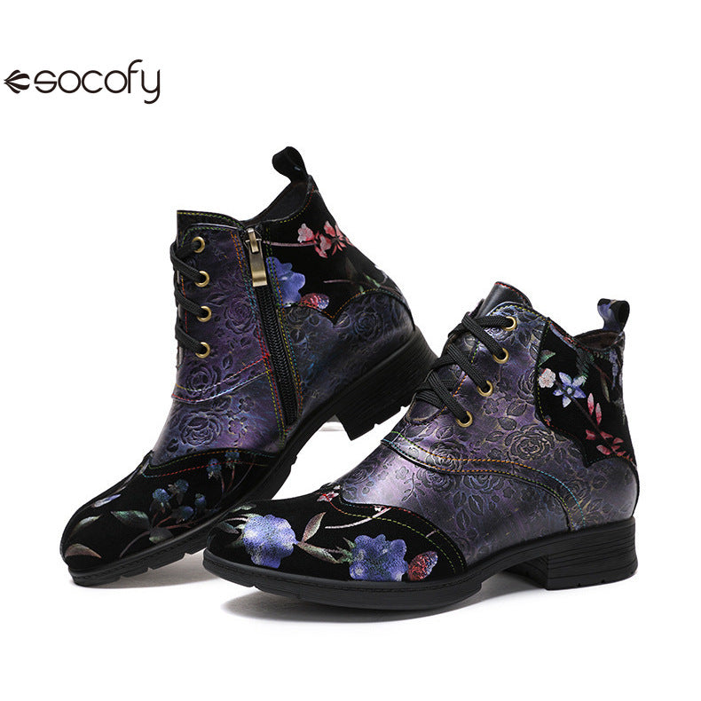 Socofy Vicconfy Genuine Leather Ethnic Illusion Blue Purple Vintage Ankle Boots