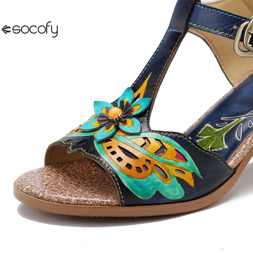 Socofy Genuine Leather Hand-painted Retro Contrast Comfortable High Heeled Sandals