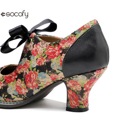 Socofy Vintage Rustic Broken Flower Strappy Bow High Heels