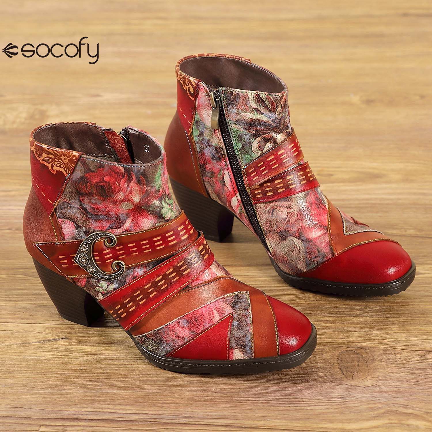 Socofy Retro leather stitching high ethnic style flower women's boots