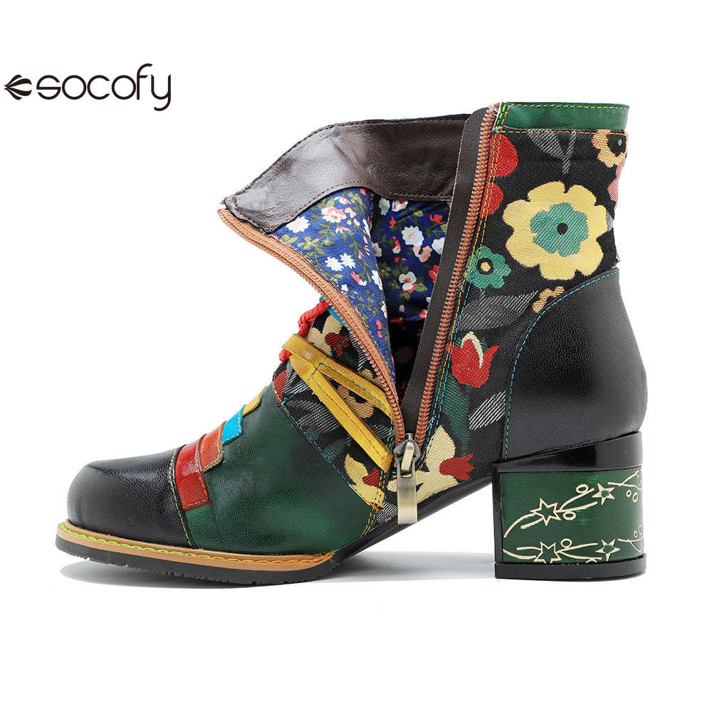 Socofy Vicconfy Handmade Genuine Leather Printed Patchwork Colorful Strappy Chunky Heel Women's Boots