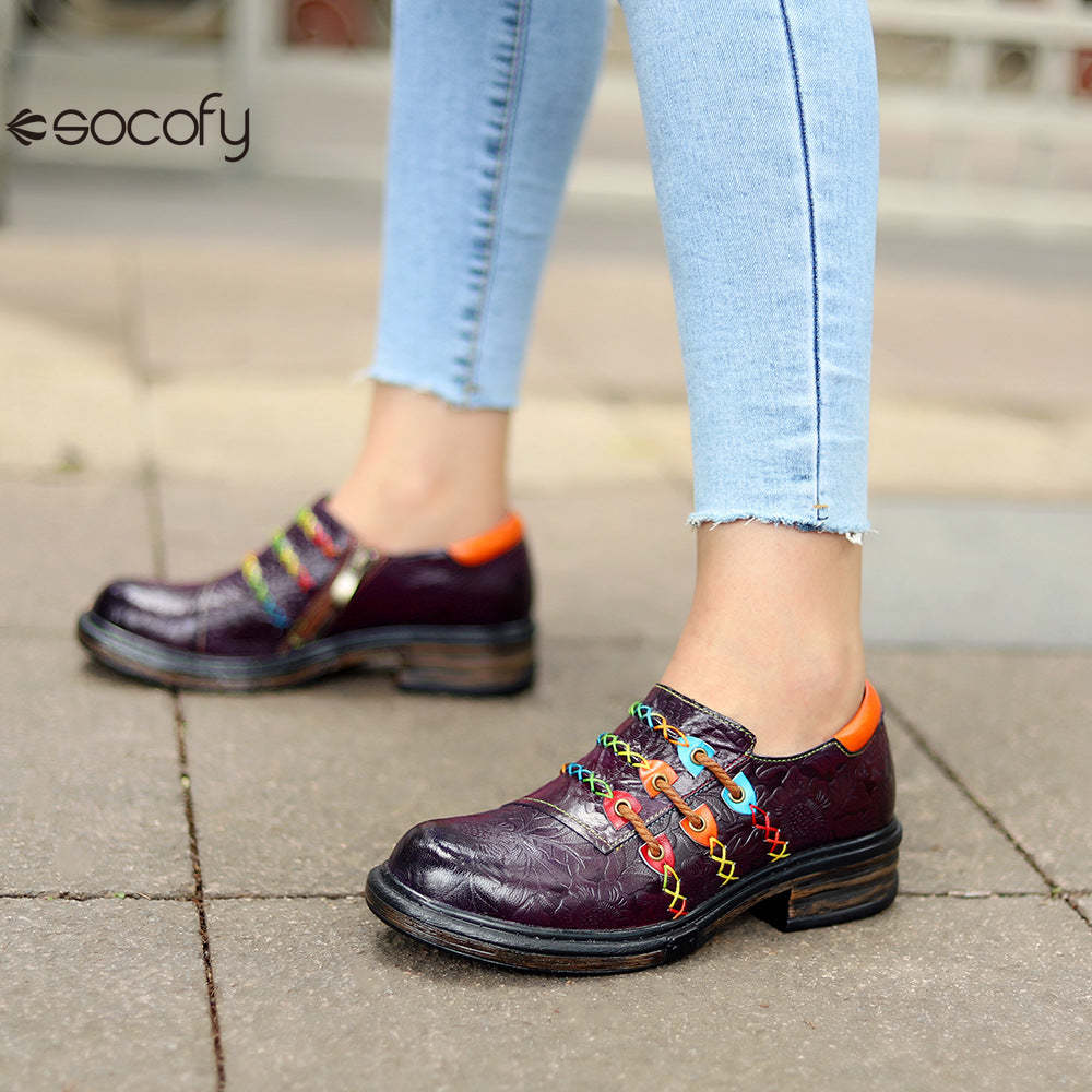 Socofy Genuine Leather Colourful Rope Deco Ethnic Printed Women's Flat Shoes