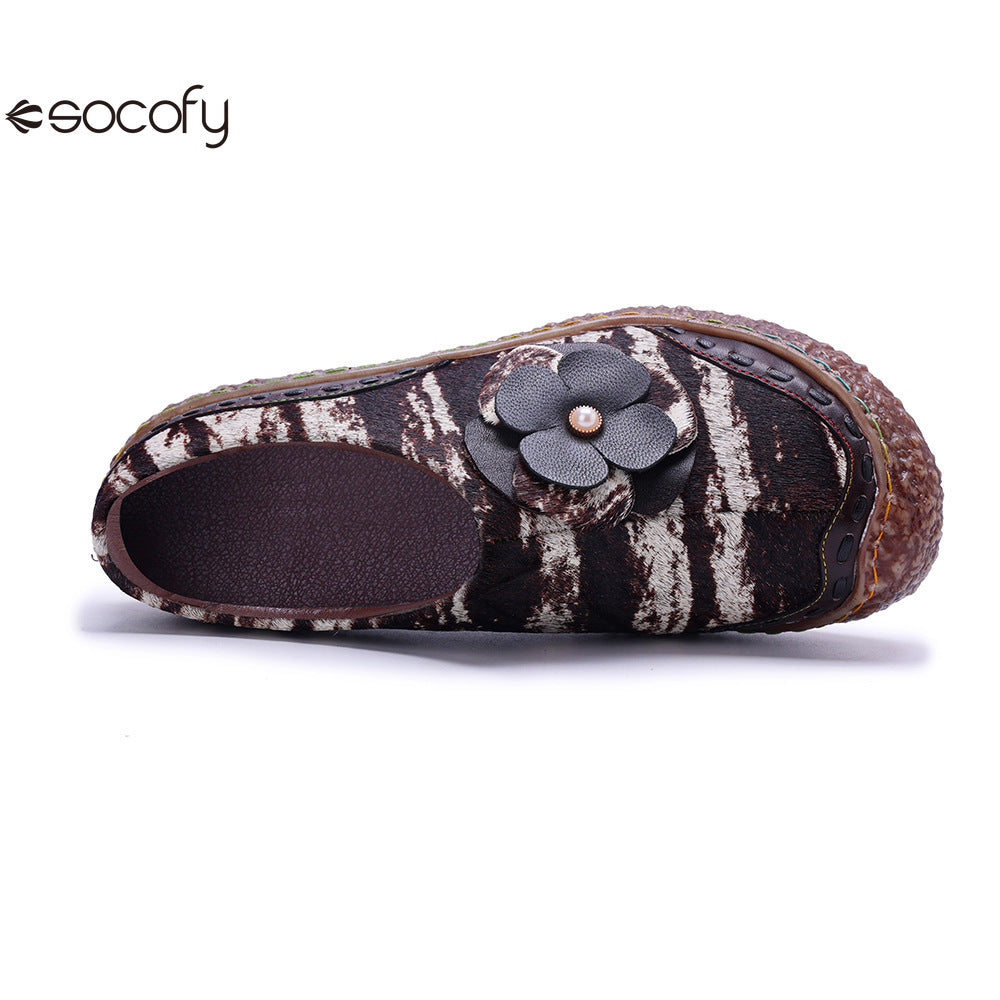 Socofy Vicconfy Genuine Leather Pony Hair Cubic Flower Retro Comfort Loafers