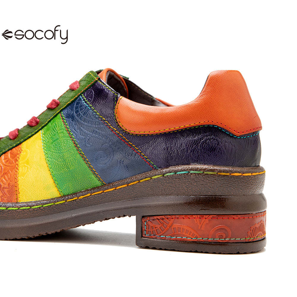 Socofy Colour Patchwork Genuine Leather Women's Flat Shoes