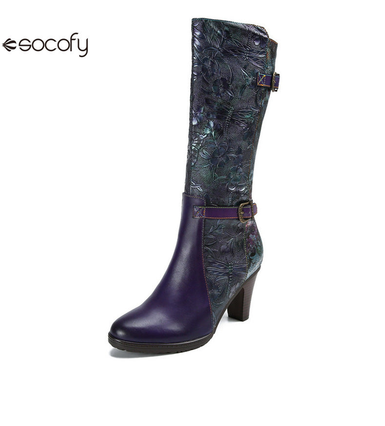 Socofy Vicconfy Genuine Leather Printed Belt Buckle Ethnic Long Boots