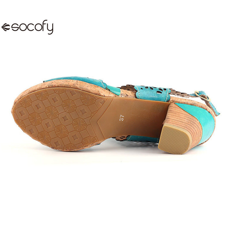 Socofy Vicconfy Open Toe Slingback Vintage Hollow Chunky Sandals