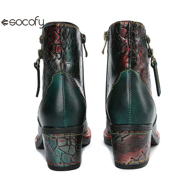 Socofy Vicconfy Women's Martin Boots Leather Patchwork Ethnic Vintage Short Boots