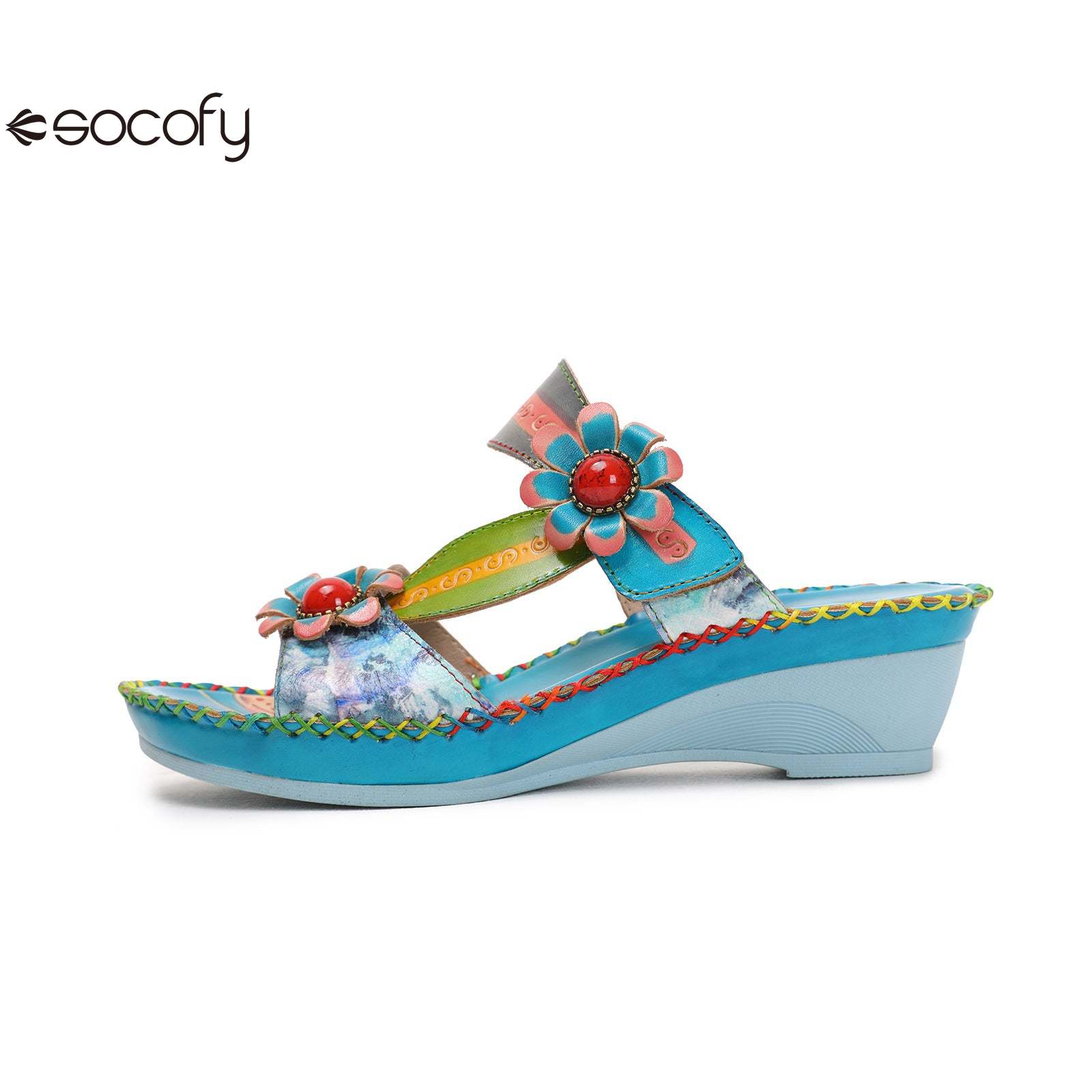 Socofy summer fashionable flower women's shoes ethnic style retro casual leather wedge slippers