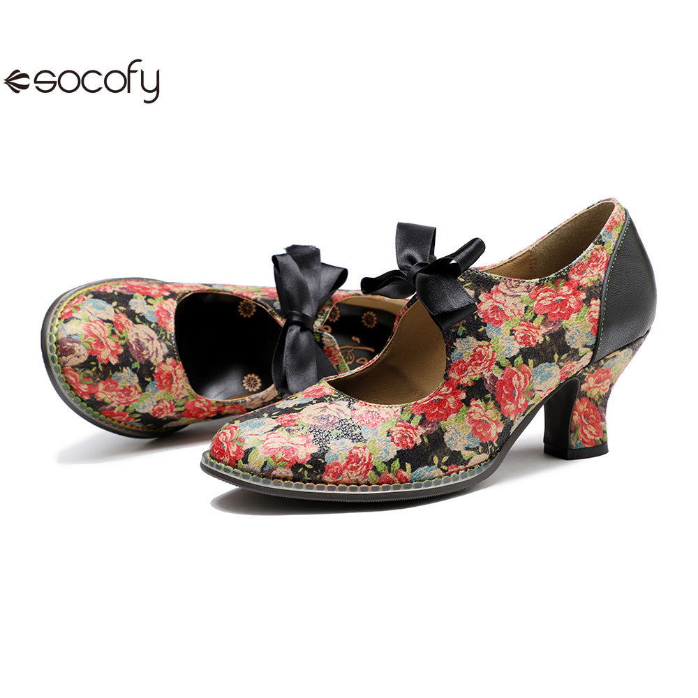 Socofy Vintage Rustic Broken Flower Strappy Bow High Heels