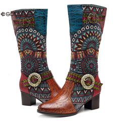 Socofy pointed-toe adhesive-soled high-top cowhide bohemian ethnic style fashion boots