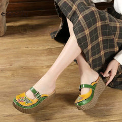 Socofy Ethnic Style Genuine Leather Hand-painted Outside Wedges Slides Retro Platform Slippers