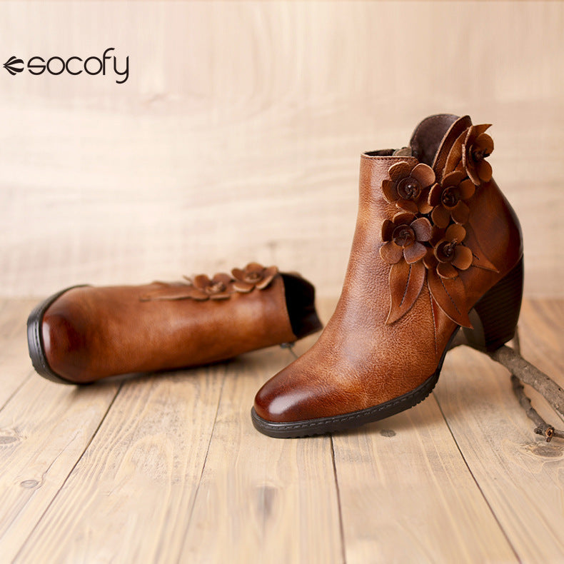 Socofy Genuine Leather Handmade Square Toe Vintage Handmade Flower Boots Woman