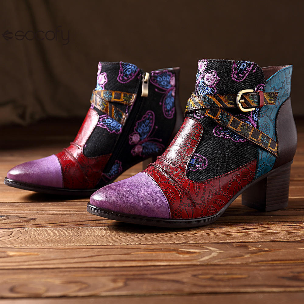 Socofy Vicconfy Patchwork Ethnic Butterfly Women's Boots